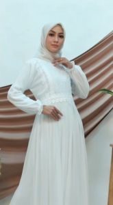 ELOK Aleeeya Dress Putih Wanita Gamis Plisket Pesta Baju Gamis Lebaran Busana Muslim DCM#1418