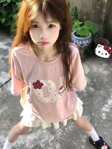 Chic Embroidered Patch Short Sleeve T-Shirt Womens Sweet Loose Casual School Style Pink Top Breathable Cotton Summer Fashion