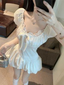 GUZILIAN | Sweet Waist Cinched Dress Summer Ballet Vacation Style Lace Splice Slim Fit Skirt Fashionable Base Layer Two Piece Set