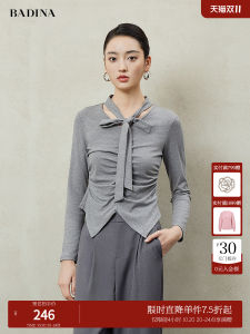 Badina Gray Series Butterfly Knot Sash T-Shirt Womens Spring Autumn New Bright Thread Mixed Fiber V-neck Long Sleeve Top
