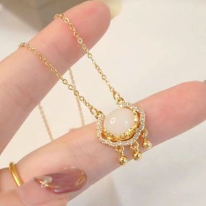 Womens Necklace Elegant Pendant Hot Sale Lucky Cloud Peace Lock Simple Clavicle Chain White Agate Longevity Lock Chain