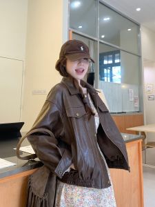 Vintage Brown Collar Leather Jacket for Spring Petite Loose Fit