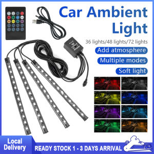 4Pcs Car LED RGB Strip Light Car Interior Light Atmosphere Light Room Roof Light USB Light With Remote Control Car Foot Lamp Decorative LED Neon Light