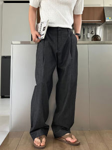 DAVID&ME | Light Thin Double Pleated Semi-elastic Waist Loose Wide Leg Casual Pants