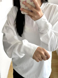 เสื้อยืดคอกลมแขนยาวผ้าฝ้ายแท้สีขาว Pure White Cleanfi สำหรับผู้ชาย ฤดูใบไม้ร่วง สไตล์อเมริกัน ทรงหลวม คอกลมเล็ก