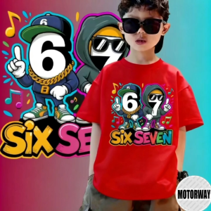 MOTORWAY K9767 T-shirt with cartoon characters and "Six Seven" text. Graphic design includes numbers 6 and 7 musical notes and vibrant colors. Suitable for casual wearShort-sleeved crew neck cotton top suitable as a childrens birthday gift.