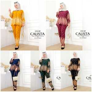 Setelan Celana Panjang Kemeja Panjang Batik Wanita Calista Motif Polka Mewah Bahan Rayon Adem Dipakai - DRUPADI BATIK