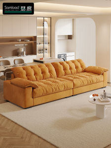 Samload Creamy Style Sofa Wooden Frame Velvet Fabric Straight Row Living Room Small Household Simple Design Couch
