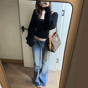 Low Waist Slim Fit High Rise American Gradient Washed Bell Bottom Denim Jeans Womens Spring Autumn Fashion Leggings