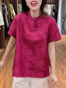 UYFY | Pink Floral Embroidery Stand Collar Short Sleeve Womens Shirt Summer New Style Commute Large Size Top Fashionable Elegant