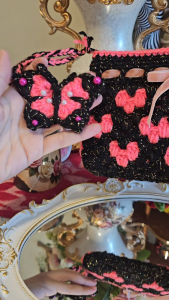 Crochet bag/pouch black/pink hearts stitch/pattern with 3d crocheted butterfly for gift/anniversary/graduation/birthday