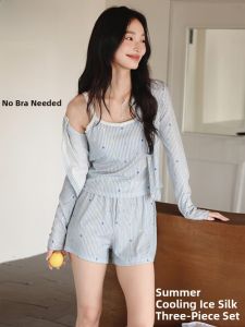 miiow | Sweet Style Womens Ice Silk Sleepwear Set With Chest Pad Three-Piece Short Pants Ensemble Breathable Lightweight Summer Pajamas