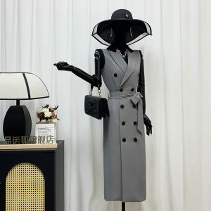 Váy Vest Dài Hai Hàng Nút Màu Xám Mùa Hè Pino Fox Váy Công Sở Phong Cách Hàn Quốc Cổ Màu Đen Nối Dài Váy Dài Không Tay