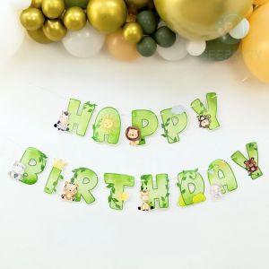 GeeParty 1 Set Jungle Plant Vine Animal Banner Lion Monkey Giraffe Paper Banner for Kids Birthday Party Decor