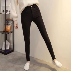 Quần Kaki Skinny Dài Nữ Hàng Co Giãn Lưng Cao 2 Nút Màu Đen