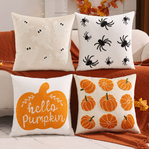 PC Halloween Decoration Throw Pillow Cover Pumpkin Ghost Embroidery Velvet Autumn Thanksgiving Harvest Home Living Room