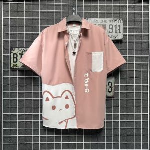 Summer Short Sleeve Mens Shirt Cool Cat Cartoon Brand Hong Kong Style Student Shirt Wear Resistant Loose Fit Regular Thickness