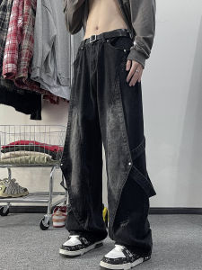 Washed Denim Workwear Jeans Mens American High Street Hip Hop Loose Wide Leg Pants Torn Casual Straight Cut Spring Jeans