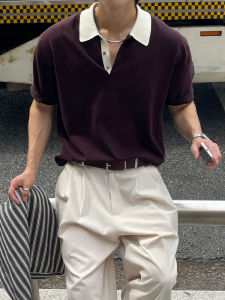 DAVID&ME | Brown Collar Color Block Heavyweight Loose Summer Polo Shirt