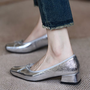 Meneer-M Silver Ballet Flats Womens Metal Lambskin Slip-On Shoelace Knot Casual Shoes Low Heel Rubber Outsole Daily Wear