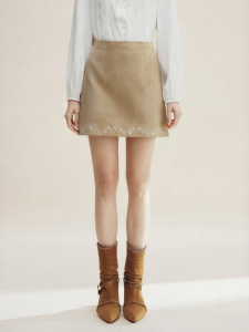 FAMANXUAN | Vintage Beige Heavy Embroidery A-Line Faux Suede Short Skirt