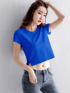 Fashionable Black Short Sleeve T-Shirt Women Summer High Waist Crop Top Half Sleeve Cotton Blend Comfortable Fit round Neck