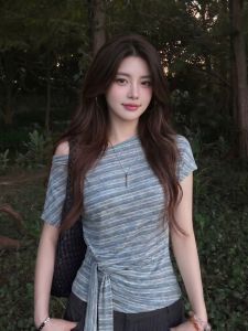 CHENDAYU | Korean Style Sweet and Cool Spliced Off-Shoulder Stripe T-Shirt with Shoulder-Baring Bow