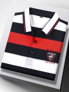 Brand Mens Double Mercerized Cotton Short-Sleeved Polo T-shirt Red Striped Half Sleeve T-shirt with Collar Summer Polo Shirt
