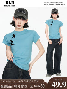 Áo Thun Tay Ngắn Ôm Vừa Vặn in Hình Mèo Màu Xanh Lam Mùa Hè Cổ Tròn Tay Ngắn Dáng Rộng Cổ Điển Phong Cách Mỹ Dành Cho Nữ