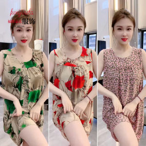 Summer New Womens Sleepwear Dress Ice Silk Air Conditioner Dress Simple Loose Comfortable Large Size Home Clothes Sleeveless Short Skirt