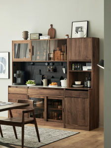 Nordic Style Solid Black Walnut Wood Buffet Cabinet Wall-Mounted Coffee Cabinet Kitchen Cabinet Living Room Home Use Rock Panel