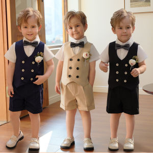Baby Boys Vest Short Bowtie Photography Suit Children Formal Wedding Dress Prince Kids Performance Set Birthday Ceremony Costume