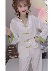 Gold Diamond Fleece Retro Chinese Style Sleepwear Set Womens Long Sleeve Button up Top Long Pants Two Piece Set Autumn Winter