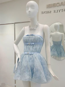 French Luxury Lace Bustier Dress Cinched Waist with Bow
