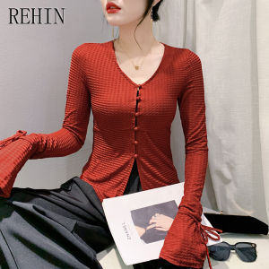 REHIN Autumn and winter new fashion pleated V-neck flared sleeves long-sleeved shirt slim-fit versatile split blouse for women