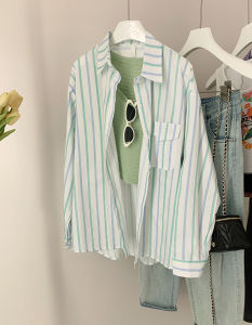 AMILUCK | Womens Long Sleeve Striped Sun Protection Shirt Loose Fashionable Air Conditioned Polo Neck Button Up Korean Style Commute Shirt