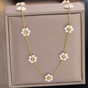 Flower Necklace Imitation Pearl 18k Gold Plated  Stainless Steel Necklace Tarnish Free Necklace for Women
