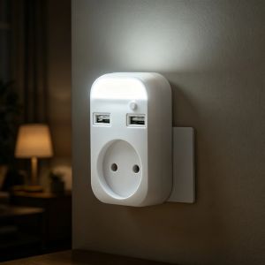 5V 2A Dual USB Ports EU Plug Adapter With EU Socket 2 USB Ports 5V 2A With Night Light 3‑In‑1 Power Outlet