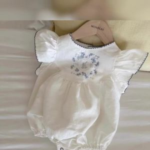 Bộ Đồ Liền Thân Cotton Mùa Hè Cho Bé Gái Có Quần Đệm Thêu Tay Bồng Cổ Tròn Tay Ngắn Thích Hợp Cho Bé Tập Bò