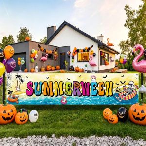 Summerween Yard Banner Funny Skeleton Beach Scene Banner Summer Halloween Pool Party Outdoor Decoration