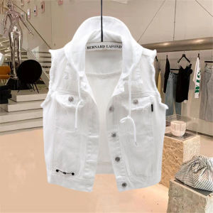 Hong Kong Style plus Size Denim Vest Summer New Arrival Sleeveless Hooded Womens Jacket Trendy Commuter Single Button Pocket