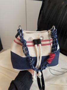Fashionable Canvas Bucket Bag Womens Commuter Shoulder Bag Color Block Summer New Style Chic Crossbody Bag Soft Handle