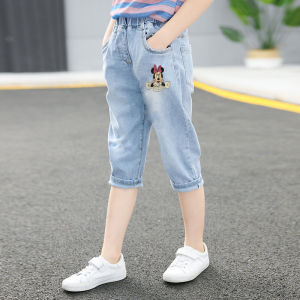 กางเกงยีนส์เด็กผู้หญิงฤดูร้อน ทรงขากระบอก สไตล์เกาหลี กางเกงขายาวเอวกลาง ผ้าฝ้ายผสมไนลอน ความยาวปานกลาง