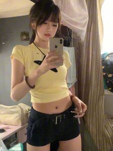 American Style Short Sleeve T-Shirt Women Summer Design Slim Fit Belly Baring Short Tight Bodycon Top round Neck Cotton Blend