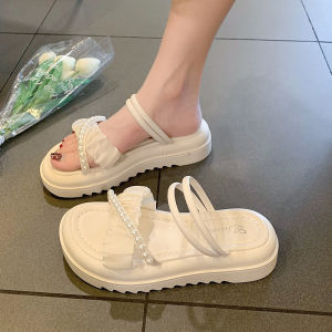 Womens Summer Fairy Tale Flip Flops Beach Sandals Thick Heel Two-Way Wear Dress Slippers Korean Style Low Cut Casual Shoes