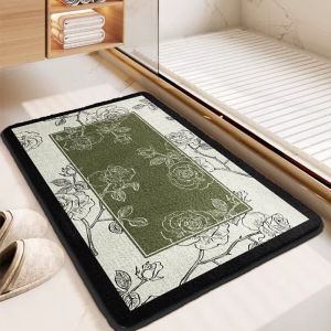 VIKAMA Vintage Floral Border Bath Mat Non‑Slip Green Center Absorbent Bathroom Floor Mat Decor Rug for Shower Room Indoor Home