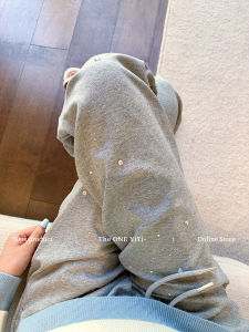 Loose Fit Grey Rhinestone Drawstring Wide Leg Pants Womens Autumn 2025 High Waist Slim Straight Casual Sweatpants