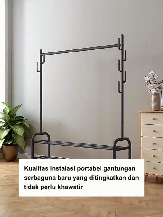 Rak Gantungan Baju Besi Jemuran Pakaian Portable Stand Hanger Rak Baju Rak Pakaian Dengan Roda