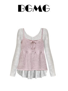 Korean Design Long Sleeve Knitted Hollow out Base Shirt Womens Pink Bow Knot Mesh Tank Top And Vest Set Spring Summer Fashion