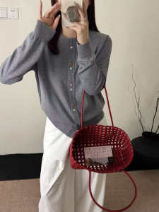 เสื้อคาร์ดิแกนถักคอตั้งทรงหลวมแขนยาวผู้หญิง ผ้าขนสัตว์ผสม ฤดูใบไม้ร่วง 2025 เสื้อคลุมกันหนาวแขนยาวคอตั้งทรงหลวม